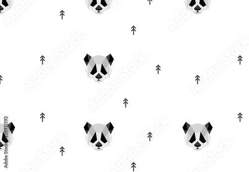 Seamless panda head geometric pattern. Animal portrait with trees on white background. Vector low poly illustration of pandas in polygonal style