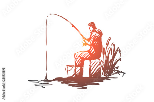 Man, fishing, hobby, leisure, rod concept. Hand drawn isolated vector.