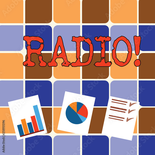Writing note showing Radio. Business concept for Electronic equipment used for listening to broadcasts programs shows Presentation of Bar, Data and Pie Chart Graph on White Paper © Artur