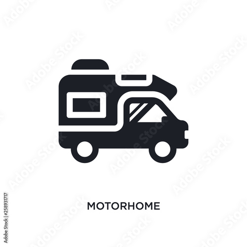 black motorhome isolated vector icon. simple element illustration from travel concept vector icons. motorhome editable logo symbol design on white background. can be use for web and mobile