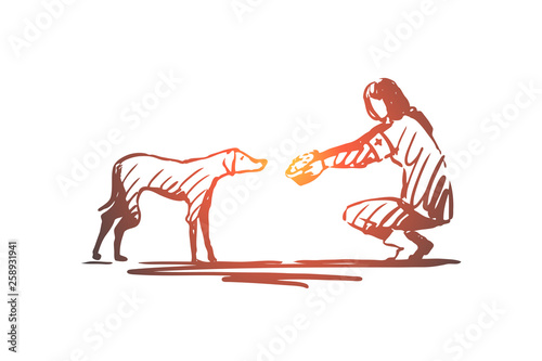 Volunteer, street, animal, help concept. Hand drawn isolated vector.