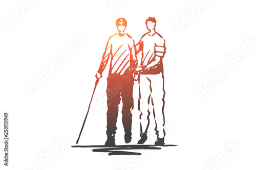 Volunteer, adult, care, blind, help concept. Hand drawn isolated vector.