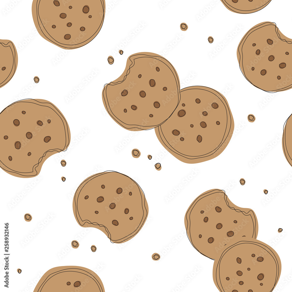 Cookie pattern. Simple cute cookie flat vector seamless pattern on white background for gift wrapping paper, fabric, clothes, textile, surface textures, scrapbook. Cookie pattern. Simple cute cookie flat vector seamless pattern on white background for gift wrapping paper, fabric, clothes, textile, surface textures, scrapbook.
