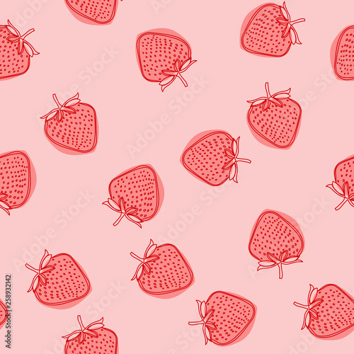 Vector food illustration with strawberry. Doodle hand drawnstrawberry seamless pattern on white background. Background for gift wrapping paper, fabric, clothes, textile, surface textures, scrapbook.