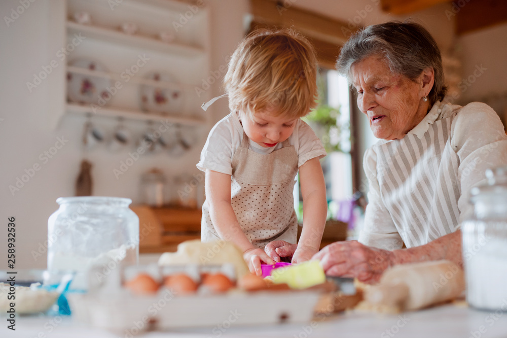 Fototapeta premium Senior grandmother with small toddler boy making cakes at home.