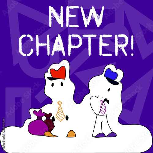 Conceptual hand writing showing New Chapter. Concept meaning Starting ultimately something goals created in your mind Figure of Two Men Standing with Pouch Bag White Snow Effect