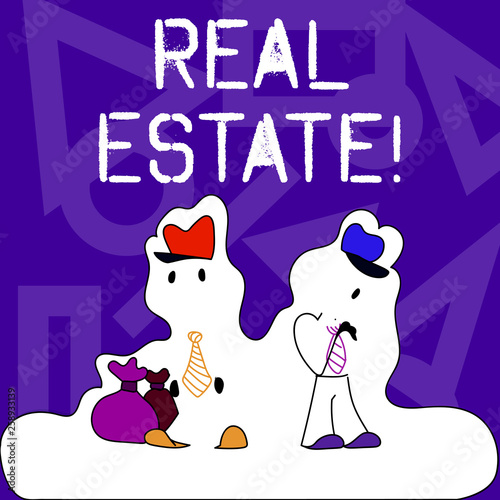 Conceptual hand writing showing Real Estate. Concept meaning owning property consisting of empty land or buildings Figure of Two Men Standing with Pouch Bag White Snow Effect