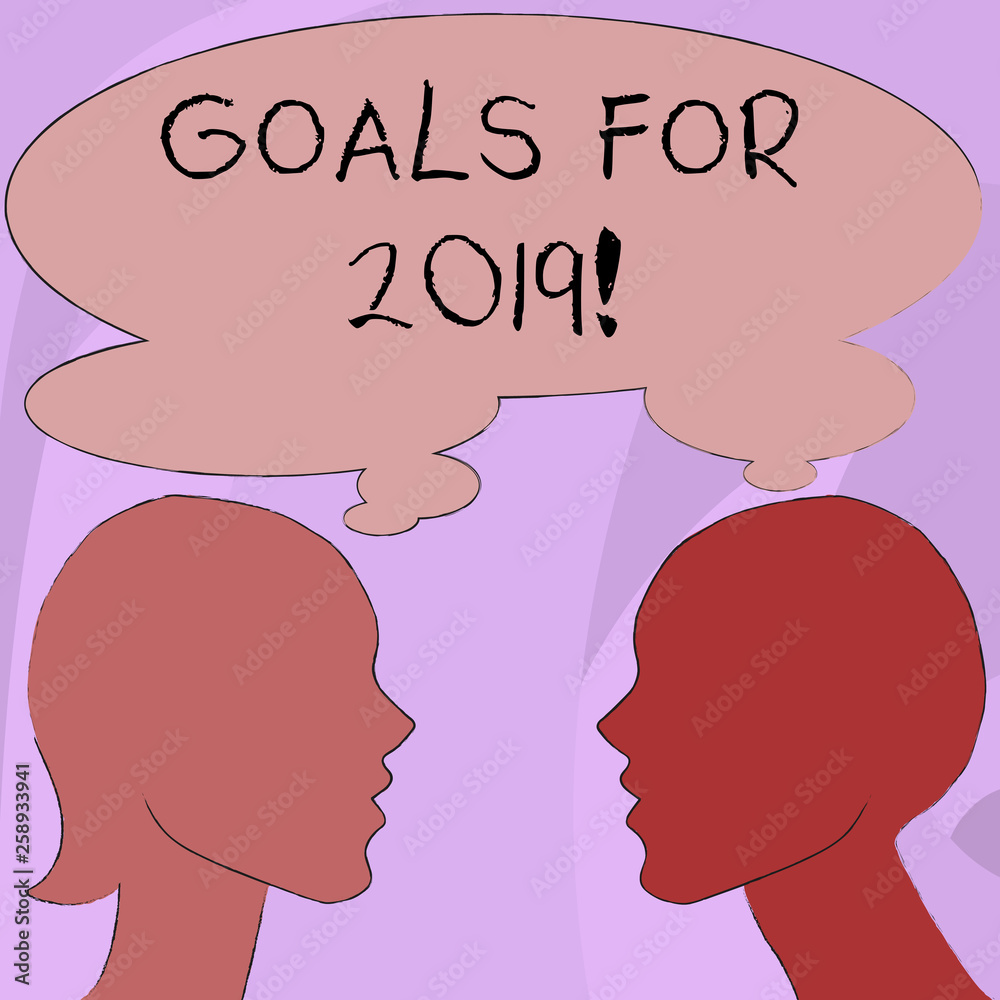 Text sign showing Goals For 2019. Business photo showcasing object of demonstratings ambition or effort aim or desired result Silhouette Sideview Profile Image of Man and Woman with Shared Thought