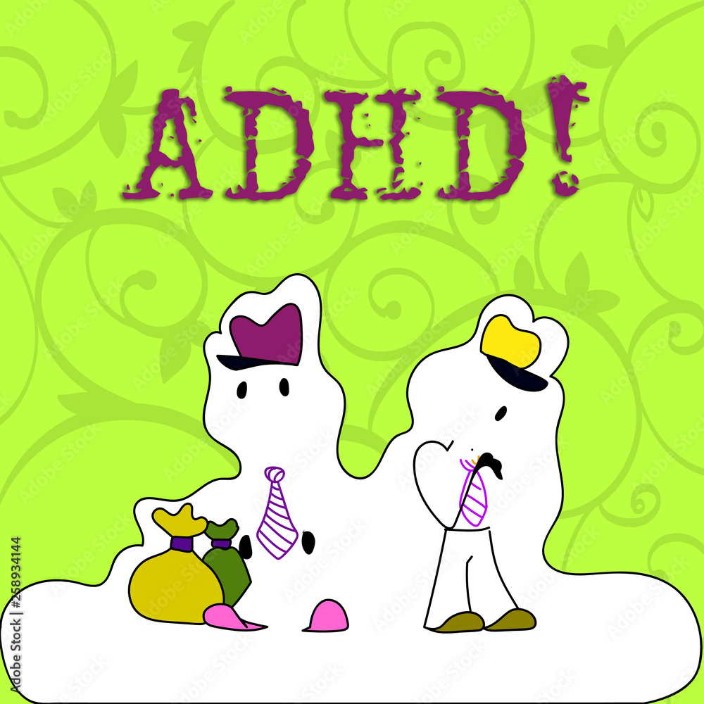 Naklejka premium Conceptual hand writing showing Adhd. Concept meaning Learning made easier for children teaching no more a difficult task Figure of Two Men Standing with Pouch Bag White Snow Effect