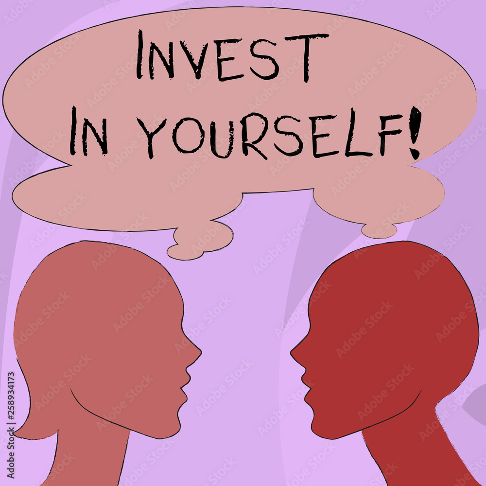 Text sign showing Invest In Yourself. Business photo showcasing learn new things or materials thus making your lot better Silhouette Sideview Profile Image of Man and Woman with Shared Thought Bubble