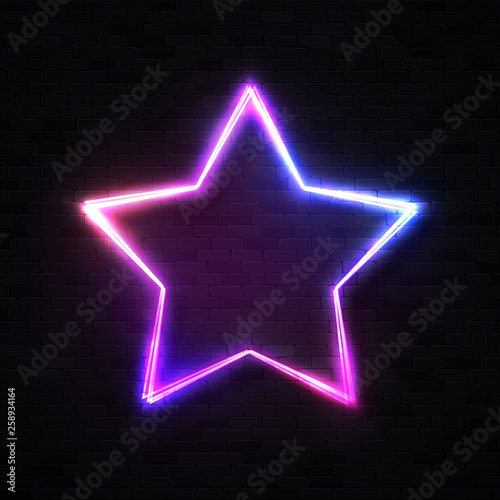 3d realistic stars background on black brick wall. Glowing star frame element or show signboard for night club bar casino game design. Neon sign. 1980s style vector illustration.