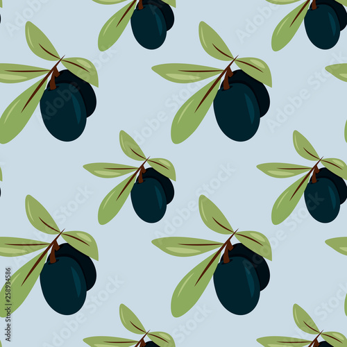 Seamless pattern with a sprig of olive. Background design for olive oil  natural cosmetics. Best for wrapping paper. Pattern of olives with leaves for your design  packing  leaflets  signboards.