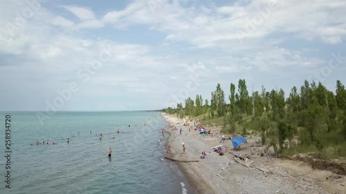 Lake Huron, beach and water. Aerial view. 4k. photo