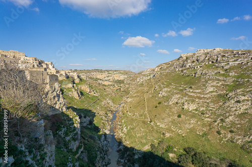 View of the Gravina river s canyon in the Sassi of Matera  the underground city  the ancient town  Basilicata  southern Italy.