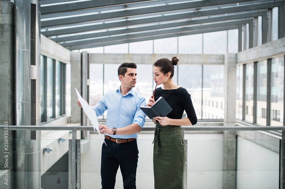 Two young architects with blueprints standing in office, talking. Two young architects with blueprints standing in office, talking.