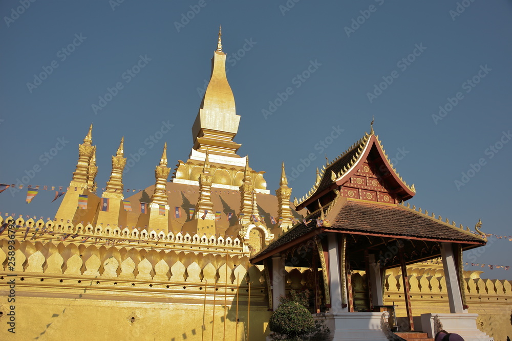 Vientiane Laos -, 1 Apr. 2019; Pha That Luang (Gold Stupa) or “Great Stupa” was built in 1566 after King Setthathirath had made Vientiane the new capital of the Lan Xang Kingdom.
