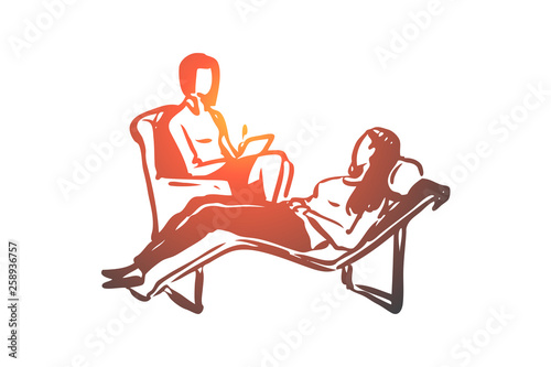 Psychotherapy, woman, patient, problem, talking concept. Hand drawn isolated vector.