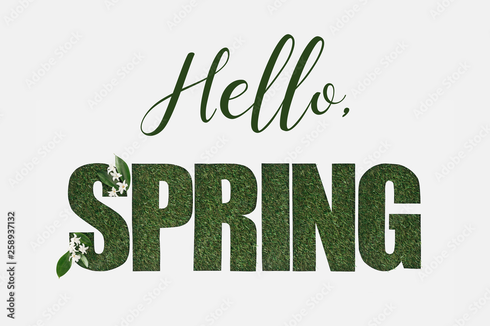 top view of hello spring lettering with green leaves and flowers isolated on white top view of hello spring lettering with green leaves and flowers isolated on white
