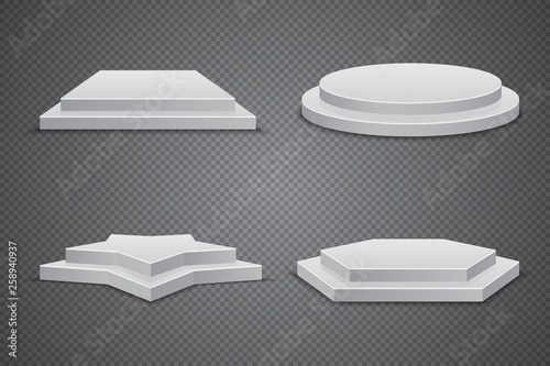 Set of white podiums of different shapes, vector pedestal template
