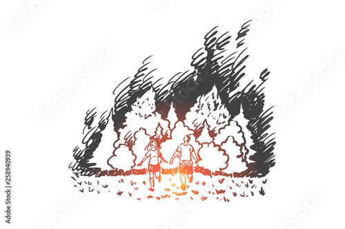 Wildfire, danger, flame, forest, disaster concept. Hand drawn isolated vector.