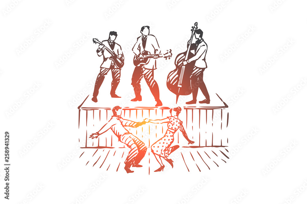 Fototapeta premium Rock and Roll, dance, music, party, retro concept. Hand drawn isolated vector.