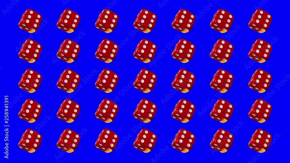 35 red playing dice, rotating on blu background. 35 red playing dice, rotating on blu background.