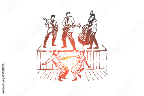 Rock and Roll, dance, music, party, retro concept. Hand drawn isolated vector.