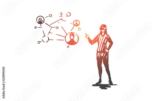 Virtual, reality, communication, technology, woman concept. Hand drawn isolated vector.