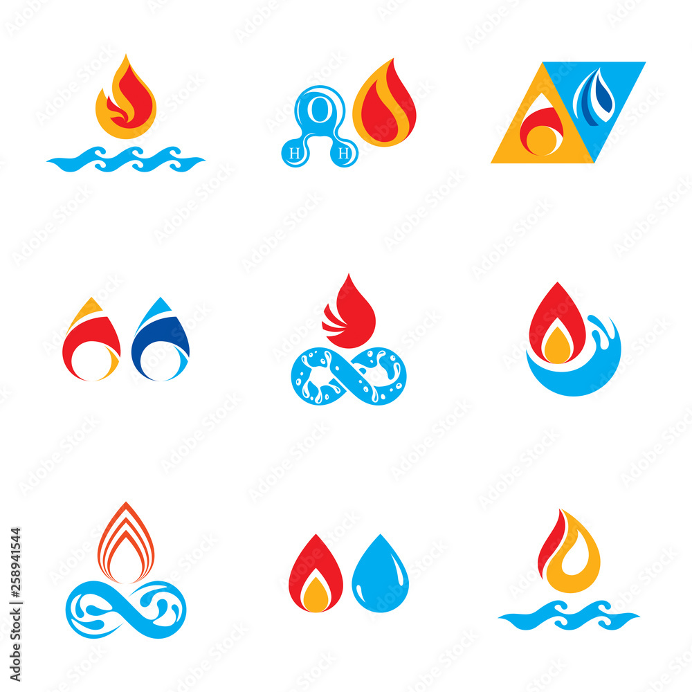 Set of nature power symbols, composition of water and fire elements ...
