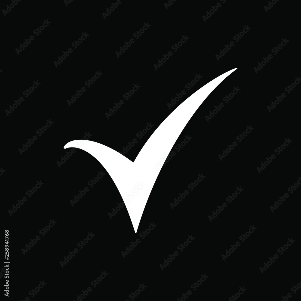 White check mark icon on black background. Tick symbol, tick icon vector illustration.
