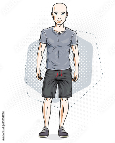 Handsome hairless young man poses on modern background. Vector illustration of male. Lifestyle theme clipart.