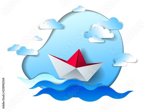 Paper ship swimming in sea waves, origami folded toy boat floating in the ocean with beautiful scenic seascape with clouds in the sky, vector illustration.