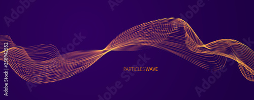 Vector abstract background with wave of flowing particles over dark, smooth curve shape lines, particle array flow. 3d shape glowing dots blended mesh, technology relaxing wallpaper.