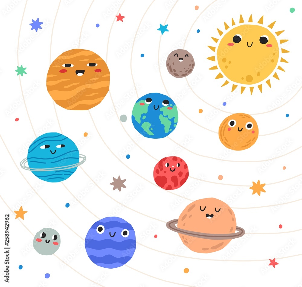 Cute planets of Solar system with happy faces. Funny celestial objects in outer space. Pretty astronomical bodies orbiting Sun. Astronomy for children. Childish flat cartoon vector illustration. Cute planets of Solar system with happy faces. Funny celestial objects in outer space. Pretty astronomical bodies orbiting Sun. Astronomy for children. Childish flat cartoon vector illustration.