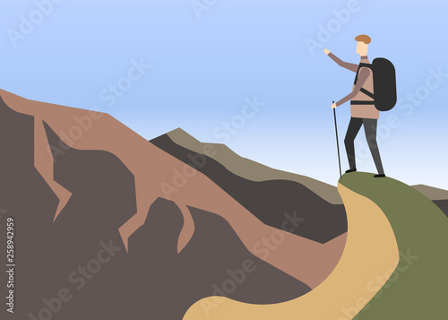 Explorer concept. Hiker in mountains. landscape Vector illustration. Eps