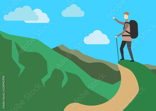 Explorer concept. Hiker in mountains. landscape Vector illustration. Eps