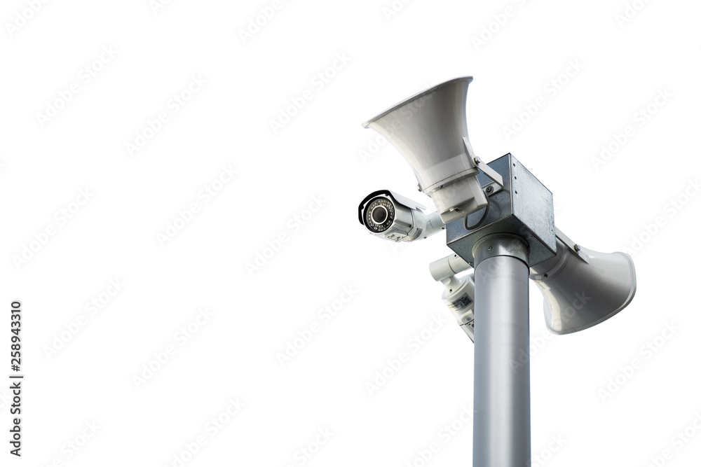 Security camera with loudspeakers and megaphone isolated on white background Security camera with loudspeakers and megaphone isolated on white background