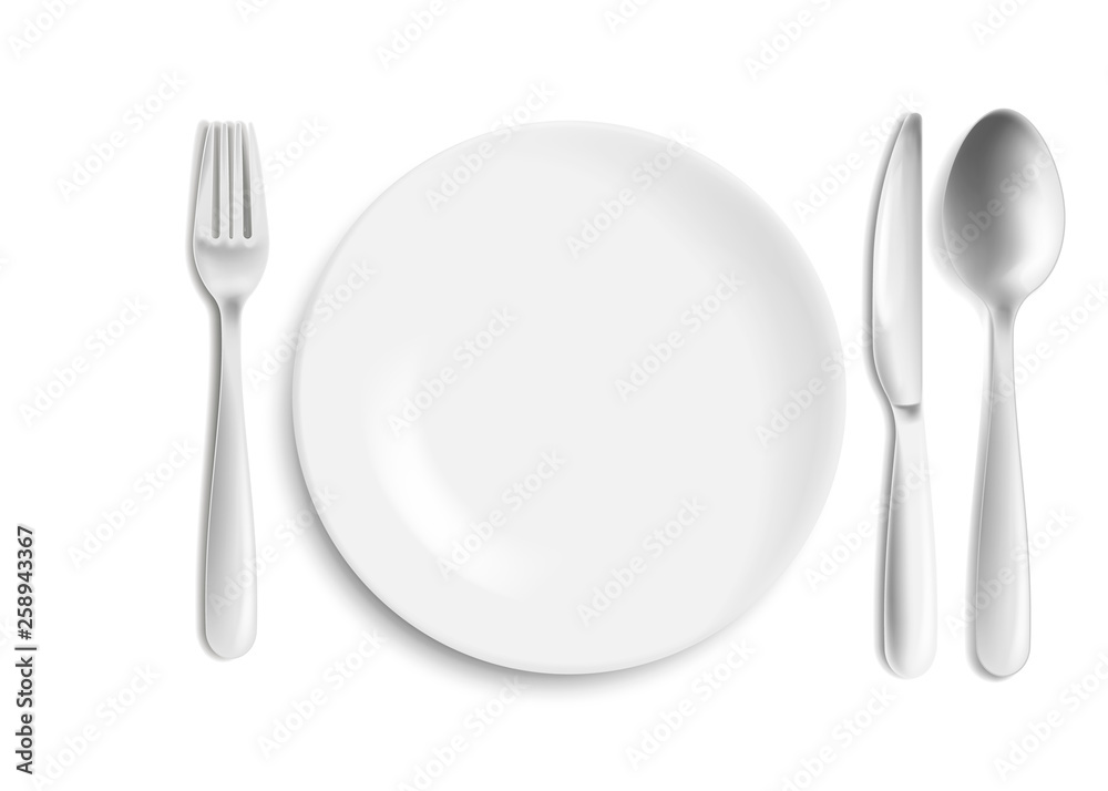 Stainless steel knife, spoon and fork with plate isolated on white background. Vector illustration. Stainless steel knife, spoon and fork with plate isolated on white background. Vector illustration.