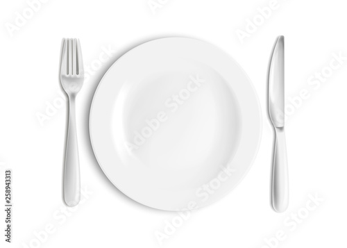 Stainless steel knife, spoon and fork with plate isolated on white background. Vector illustration.