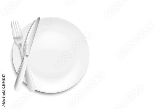 Stainless steel knife, spoon and fork with plate isolated on white background. Vector illustration.
