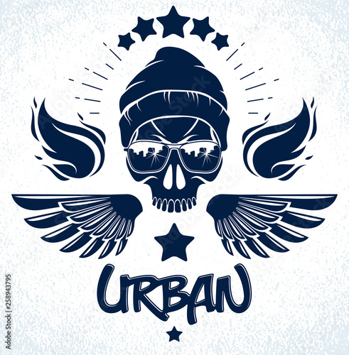Urban culture style skull in sunglasses vector logo or emblem, gangster or thug illustration, anarchy chaos hooligan, ghetto theme.
