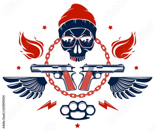 Anarchy and Chaos aggressive emblem or logo with wicked skull, weapons and different design elements , vector vintage scull tattoo, rebel gangster criminal and revolutionary.