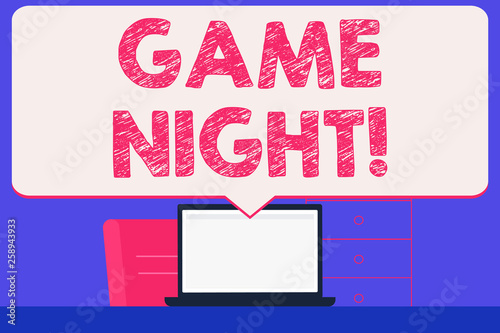 Wallpaper Mural Text sign showing Game Night. Business photo showcasing usually its called on adult play dates like poker with friends Blank Huge Speech Bubble Pointing to White Laptop Screen in Workspace Idea Torontodigital.ca