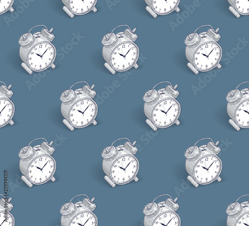 Alarm clocks seamless background, timer, deadline hurry and wake up concept, vector wallpaper or web site background.
