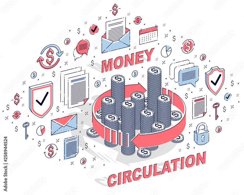 Money circulation, return on investment, currency exchange, cash back, money refund, concepts can be used. Vector 3d isometric business illustration with icons, stats charts and design elements.