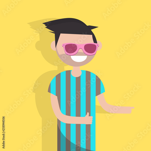 Young cool character with sunglasses showing thumb.Fresh colors.Modern lifrestyle.Flat cartoon design. photo