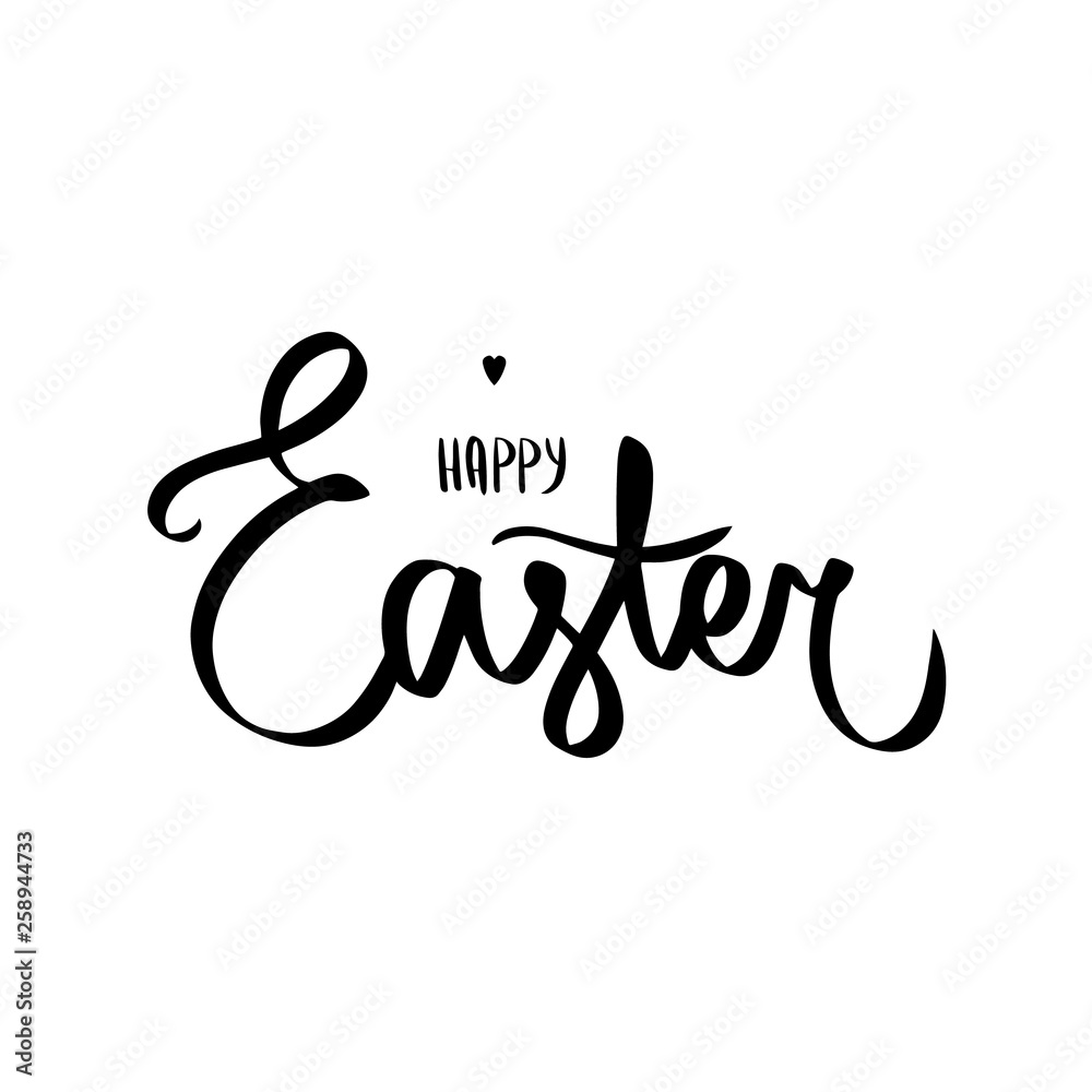 Happy easter brush hand lettering on white background. Holiday greeting card or postcard. Vector sign with little black heart. Sweet hand lettered quote. Modern calligraphy. Template for invitation Happy easter brush hand lettering on white background. Holiday greeting card or postcard. Vector sign with little black heart. Sweet hand lettered quote. Modern calligraphy. Template for invitation