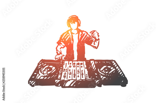 EDM, DJ, party, music, club concept. Hand drawn isolated vector.