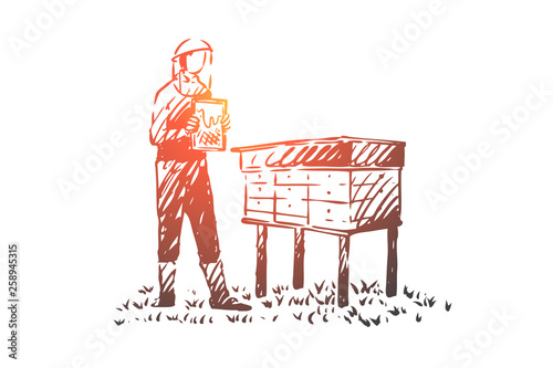 Beekeeper, agriculture, farm, bee, apiary concept. Hand drawn isolated vector.