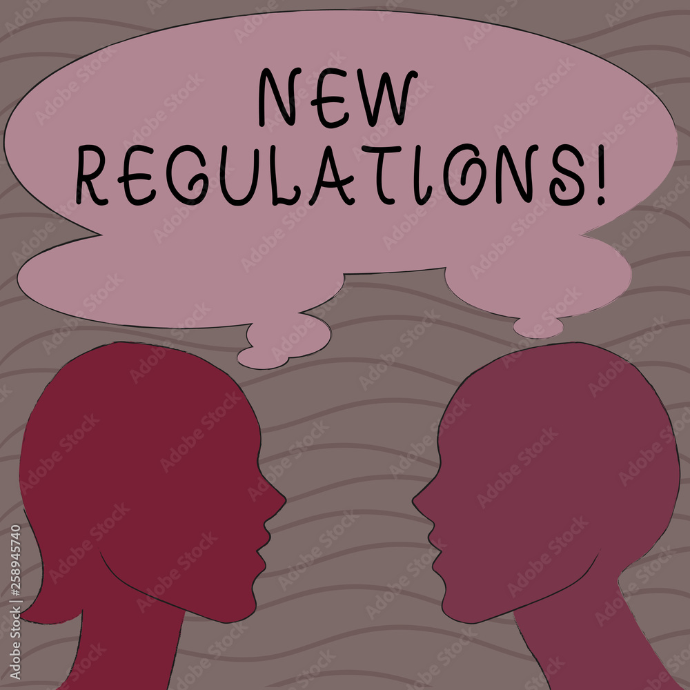 Word writing text New Regulations. Business photo showcasing rules made government order control something done Silhouette Sideview Profile Image of Man and Woman with Shared Thought Bubble